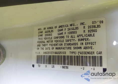 2009 Honda Accord 2.4 Ex из США, поврежденный, VIN 1HGCS12719A025103